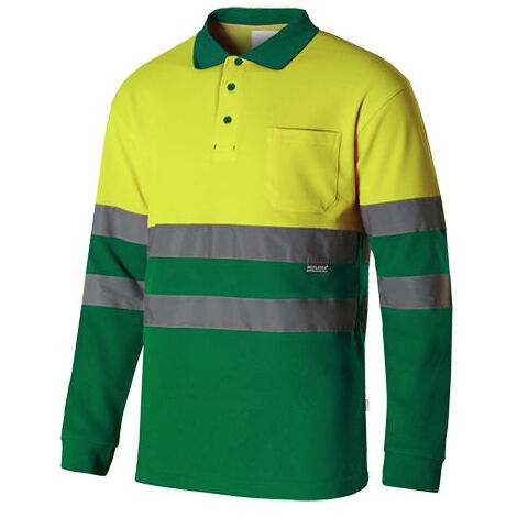 Polo algodón bicolor manga larga alta visibilidad 305515 L - Amarillo flúor / Verde