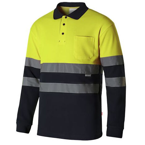 Polo algodón bicolor manga larga alta visibilidad 305515 M - Amarillo flúor / Azul Navy