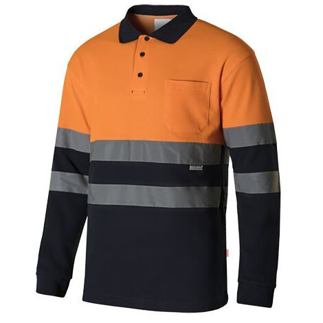 Polo algodón bicolor manga larga alta visibilidad 305515  XL - Naranja flúor / Azul Navy