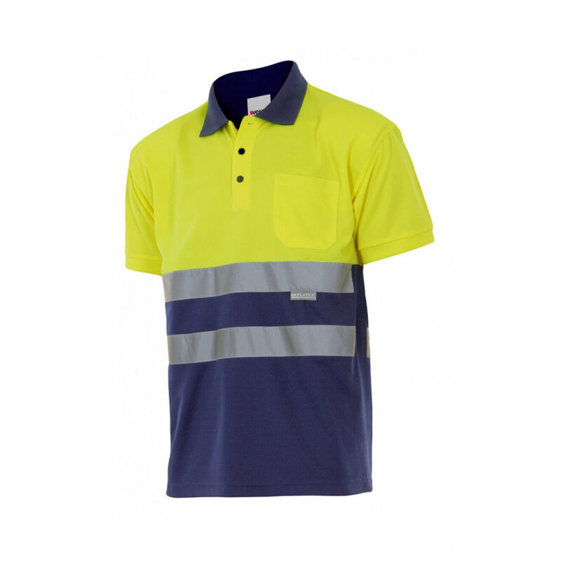 

Polo bicolor alta visibilidad de manga corta y cuello de canalé VELILLA Serie 173 | Amarillo flúor / Azul marino - 5XL
