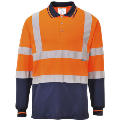 Polo bicolor de manga larga tejido transpirable con cintas reflectantes S279 M Naranja flúor / Azul marino