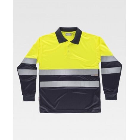 Polo combinado de Alta Visibilidad con manga larga y cuello clásico WORKTEAM C3870 L Amarillo A.V.+Marino