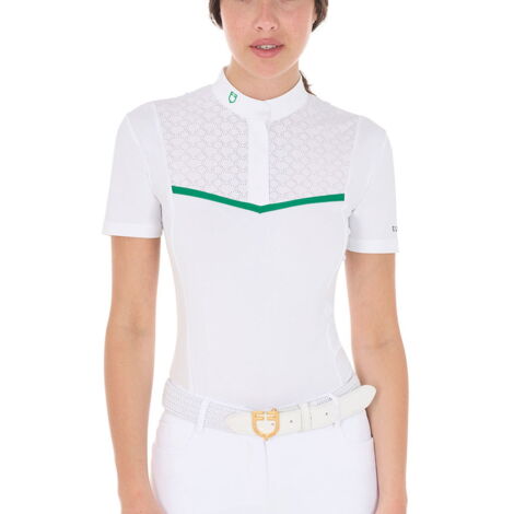 Polo da concorso donna a manica corta slim fit in tessuto tecnico con inserti traforati sul petto: M, Bianco e Verde