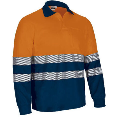 Polo térmico de Alta Visibilidad bicolor de manga larga y bolsillo ALBURY L Naranja flúor / Azul marino orión