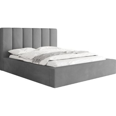 Polsterbett 120x200 mit Bettkasten und Lattenrost – Bett mit hohem Kopfteil, Boucle oder Samt Stoff – Modernes Doppelbett mit Stauraum – Bettgestell, ohne Matratze – Amira – Grau