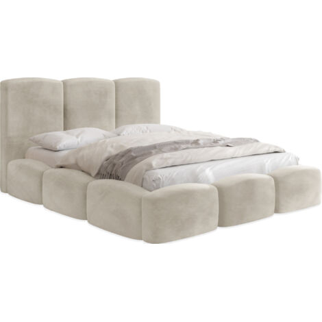 Polsterbett 120x200 mit Bettkasten und Lattenrost – Creme Bett mit hohem Kopfteil, Boucle oder Samt Stoff - Modernes Doppelbett mit Stauraum – Bettgestell, ohne Matratze – Harmony - Beige