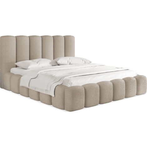 Polsterbett 120x200 mit Bettkasten und Lattenrost – Creme Bett mit hohem Kopfteil, Boucle oder Samt Stoff - Modernes Doppelbett mit Stauraum – Bettgestell, ohne Matratze – Serenity - Creme