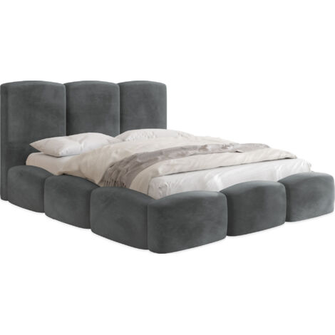 Polsterbett 120x200 mit Bettkasten und Lattenrost – Graues Bett mit hohem Kopfteil, Boucle oder Samt Stoff - Modernes Doppelbett mit Stauraum – Bettgestell, ohne Matratze – Harmony - Grau
