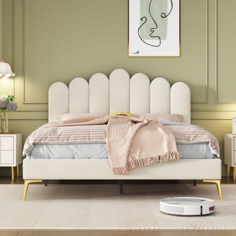 Polsterbett 140 x 200 cm Doppelbett Jugendbett mit höhenverstellbarem Kopfteil, Lattenrost, Metallbeine, Samt, Erwachsenenbett, Beige