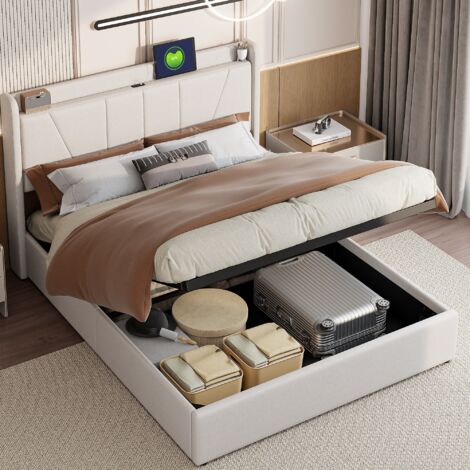 Polsterbett 140 x 200 cm, Doppelbett mit 2 USB-Anschlüssen und 1 Tyce-Ladeanschluss, gestreiftes Kopfteil, Lattenrost, Metallbettrahmen, hydraulische Stangen, Jugendbett aus Leinen, Beige