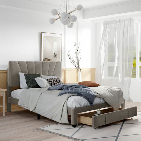 Polsterbett 140 x 200 cm, Doppelbett mit Lattenrost, R¨¹ckenlehne und groer Schublade, Hautfreundliches Doppelbett aus Samtstoff f¨¹r Erwachsene und Jugendliche, Grau (Matratze nicht enthaltet)