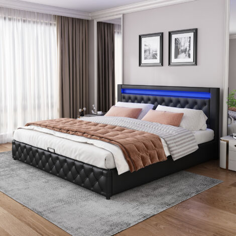 OKWISH Polsterbett 140 x 200 cm, Funktionsbett mit Lattenrost und Stauraum, mit LED-Beleuchtung, mit Aufbewahrungsfunktion, schwarz, PU