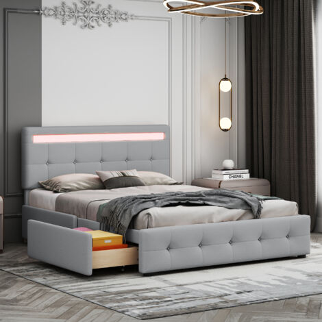 Polsterbett 140 x 200 cm mit LED, Lattenrost und Bettkasten auf Rollen, Einzelbett mit Kopfteil und 4 Schubladen, hautfreundliche Leinenoberfläche, Kinderbett, Jugendbett, Kin