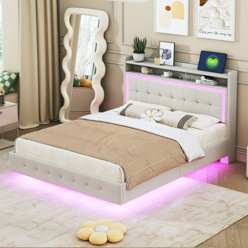 Modenvie Polsterbett 140×200 Cm, Doppelbett Mit Usb Anschluss, Verstellbare Led Und Kopfteil Ablage, Ohne Matratze, Beige