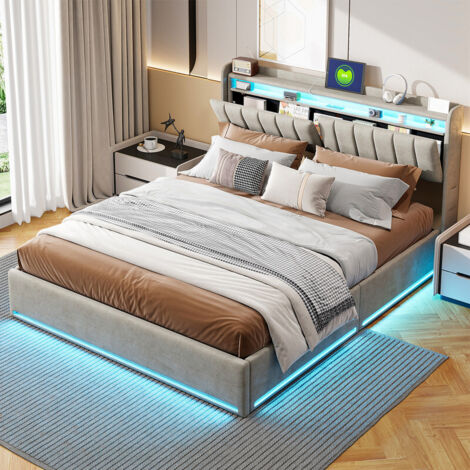 Polsterbett 140x190 mit Led,Doppelbett 140x190 mit Stauraum und Lattenrost Funktionsbett Bettgestell mit Stauraum-Kopfteil Hydraulisches Bett Jugendbett