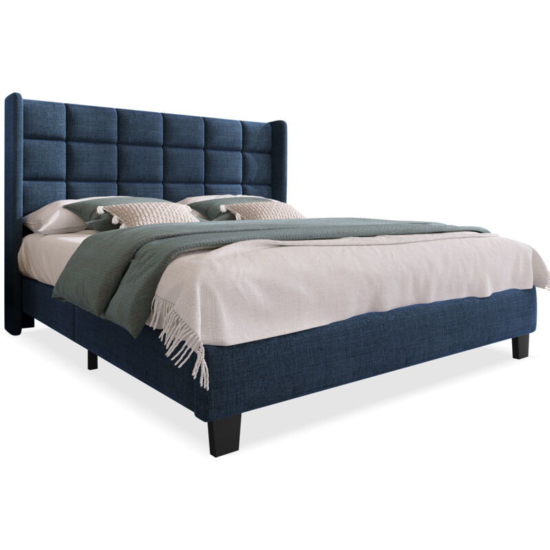 Mivray Polsterbett 140x200 Cm Mit Holzgestell Und Getuftetem Kopfteil, Leinen, Blau