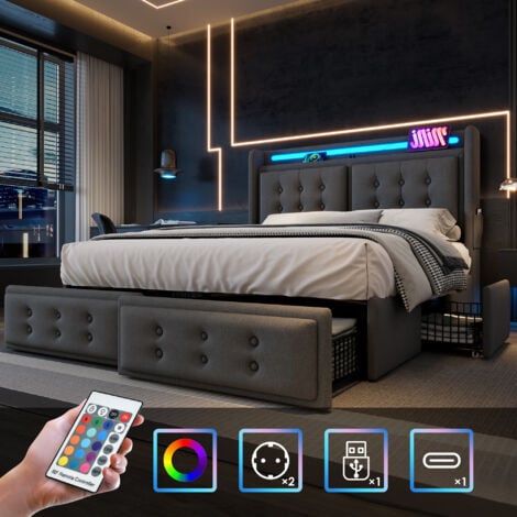 OKWISH 140x200, Doppelbett mit LED-Kopfteil und USB-C-Ladefunktion und 4 Schubladen, Stauraumbetten mit Holzlattenrost und Metallgestell, Belastbarkeit 300 kg, Grau, Baumwolle (ohne Matratze)