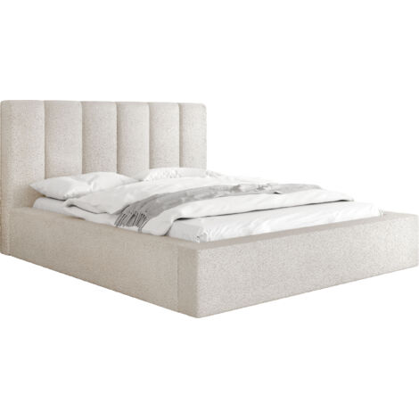 Polsterbett 140x200 mit Bettkasten und Lattenrost – Bett mit hohem Kopfteil, Boucle oder Samt Stoff – Modernes Doppelbett mit Stauraum – Bettgestell, ohne Matratze – Amira – Beige