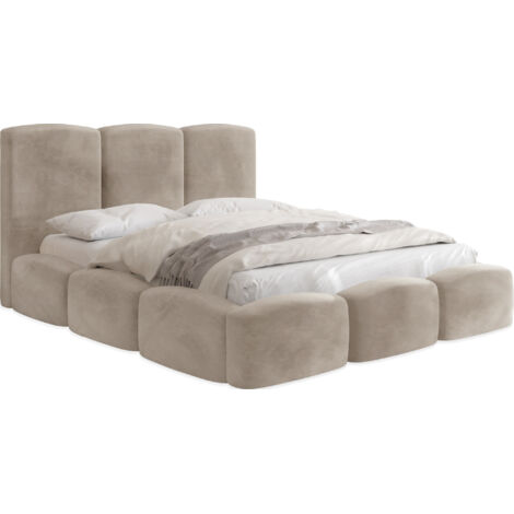 Polsterbett 140x200 mit Bettkasten und Lattenrost – Creme Bett mit hohem Kopfteil, Boucle oder Samt Stoff - Modernes Doppelbett mit Stauraum – Bettgestell, ohne Matratze – Harmony - Beige