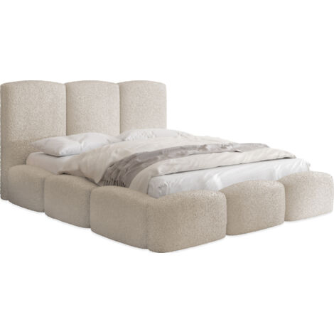Polsterbett 140x200 mit Bettkasten und Lattenrost – Creme Bett mit hohem Kopfteil, Boucle oder Samt Stoff - Modernes Doppelbett mit Stauraum – Bettgestell, ohne Matratze – Harmony - Beige