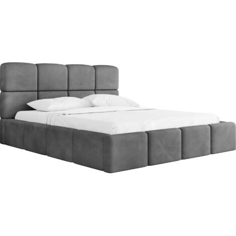 Polsterbett 140x200 mit Bettkasten und Lattenrost – Graues Bett mit hohem Kopfteil, Boucle oder Samt Stoff – Modernes Doppelbett mit Stauraum – Bettgestell, ohne Matratze – Tivio – Grau