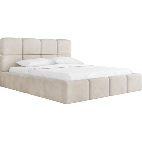 Polsterbett 140x200 mit Bettkasten und Lattenrost – Weiß Bett mit hohem Kopfteil, Boucle oder Samt Stoff – Modernes Doppelbett mit Stauraum – Bettgestell, ohne Matratze – Tivio – Creme