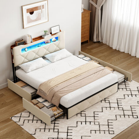 Polsterbett 140x200 mit Stauraum, Doppelbett mit LED-Beleuchtung und USB, Polsterbett mit 4 Schubladen und Stauraum-Kopfteil, Stauraumbetten Jugendbett Bettgestell mit Lattenrost, Flanell, Beige