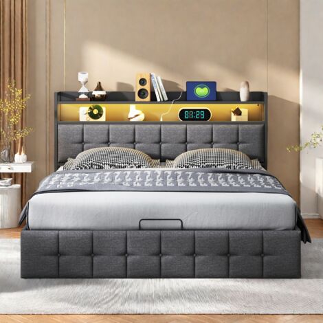 Polsterbett 140x200cm, Doppelbett für Erwachsene, Hydraulisches Stauraumbett, Kopfteil mit LED und Ladeanschluss, Funktionsbett, Leinengrau