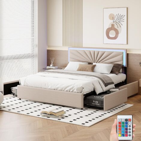 Polsterbett 140x200cm, mit 4 Schubladen, LED-Beleuchtung, Knopfheftung, Doppelbett im skandinavischen Stil aus Leinenstoff - beige