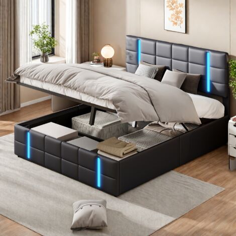 Polsterbett 140x200cm,Erwachsenenbett,mit LED-Lichtleiste und USB-Anschluss,Bettkasten,Funktionsbett,Jugendbett,PU,schwarz