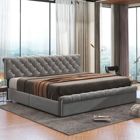 ROSAHQNDA Polsterbett 180 x 200 cm, höhenverstellbares Kopfteil, Doppelbett im europäischen Stil, Bett mit hydraulischem Stauraum, Kristallschnallen-Dekor, Samt, Grau