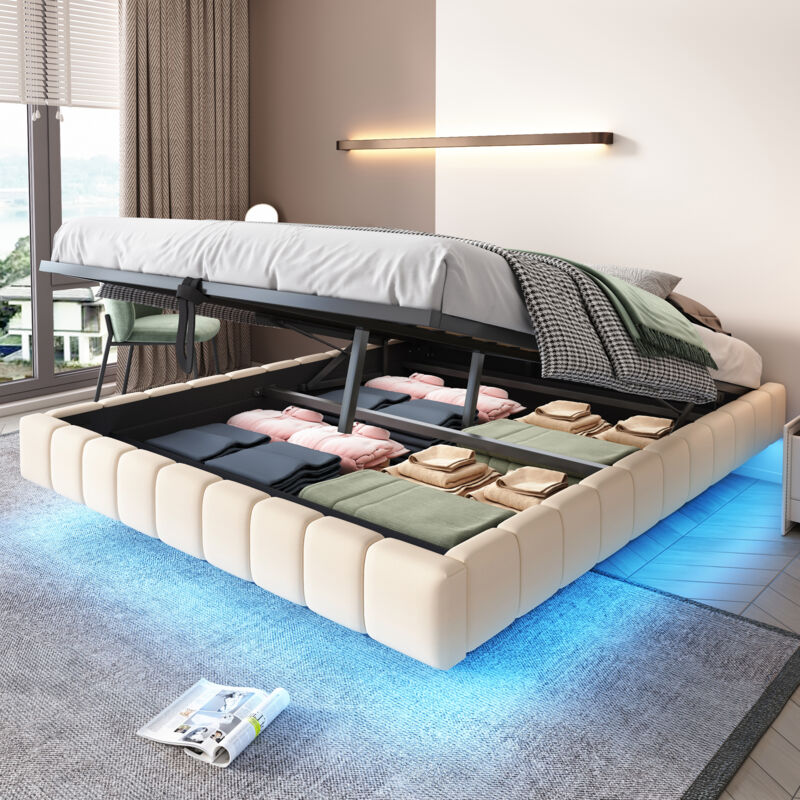 Modenvie Polsterbett 160×200 Cm, Doppelbett Mit Led Beleuchtung Und Bettkasten Mit Gasdruckfeder, Ohne Matratze, Beige