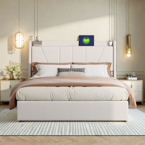 Polsterbett 160×200 cm, hydraulisches Boxspringbett, mit Stauraum, ausgestattet mit USB-Ladeanschluss, Lattenrost, Leinen, beige