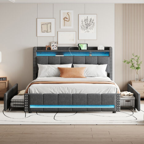 Polsterbett 160200 cm mit LED-Beleuchtung und USB-Anschluss, Kopfteil mit Regalen und Stauraum mit 4 Schubladen, Doppelbett für Erwachsene, grauer Leinenstoff