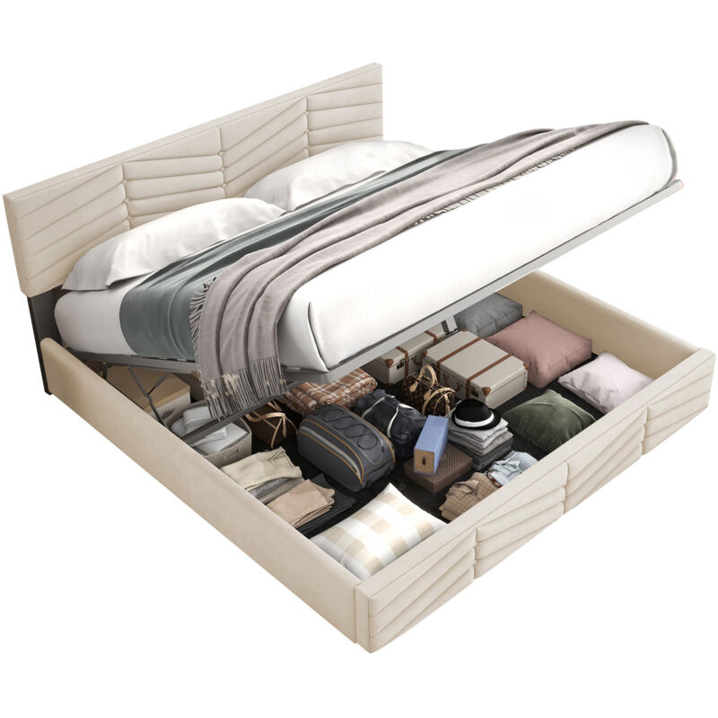 Mivray Polsterbett 160x200 Cm Mit Hydraulischem Gestell Und Verstellbarem Kopfteil, Beige