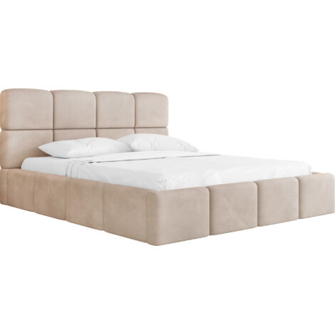 Polsterbett 160x200 mit Bettkasten und Lattenrost – Creme Bett mit hohem Kopfteil, Boucle oder Samt Stoff – Modernes Doppelbett mit Stauraum – Bettgestell, ohne Matratze – Tivio – Beige