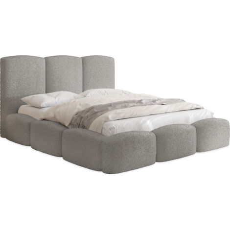Polsterbett 160x200 mit Bettkasten und Lattenrost – Graues Bett mit hohem Kopfteil, Boucle oder Samt Stoff - Modernes Doppelbett mit Stauraum – Bettgestell, ohne Matratze – Harmony - Grau