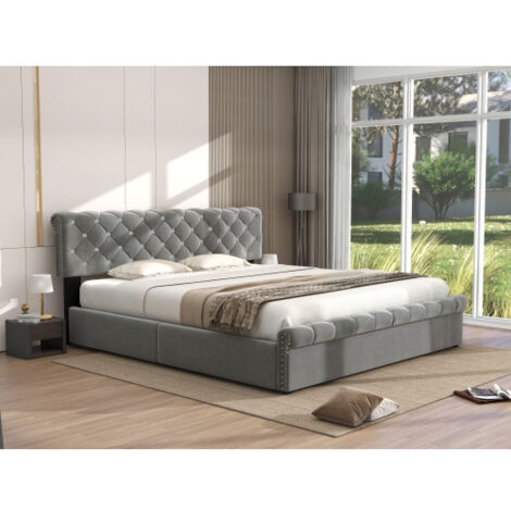 DOLIN HOME Polsterbett 160x200 mit Lattenrost und Kopfteil, Polsterbett mit höhenverstellbares Kopfteil, für Erwachsene & Jugendliche, Holzlattenunterstützung, Einfache Montage, Samt, grau