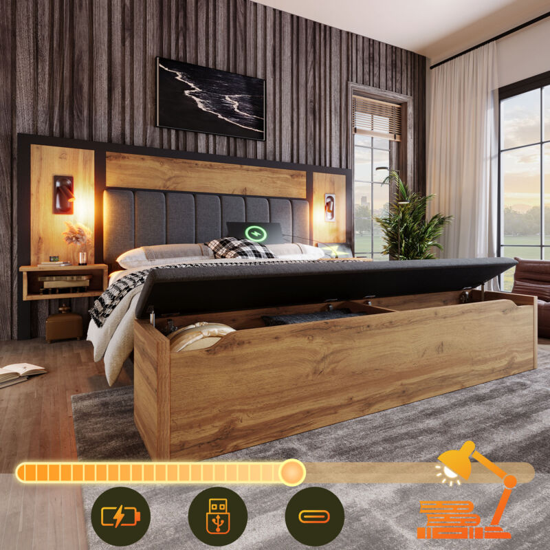 Modenvie Polsterbett 180×200 Cm Mit Leselampen, Usb, Type-c Und Stauraumbank, Ohne Matratze, Aus Metall Und Holz - Eiche
