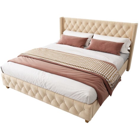 Polsterbett 90200cm mit Lattenrost und Kopfteil, Knopfpolsterung, Nietenpolsterung, Holzbeine, Samt, Blau OKWISH