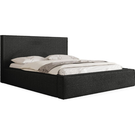 Polsterbett 180x200 mit Bettkasten & Lattenrost – Schwarzes Bett hohem Kopfteil, Boucle oder Samt - Doppelbett mit Stauraum – Bettgestell ohne Matratze – Terra Schwarz