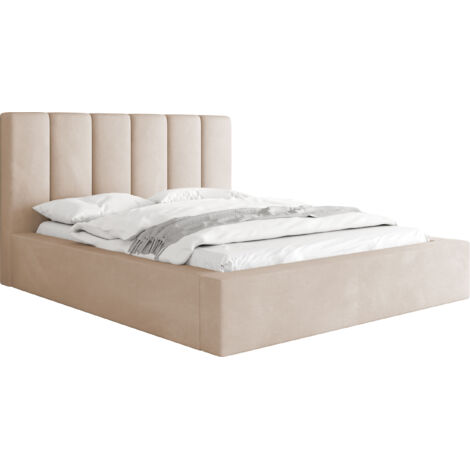 Polsterbett 180x200 mit Bettkasten und Lattenrost – Bett mit hohem Kopfteil, Boucle oder Samt Stoff – Modernes Doppelbett mit Stauraum – Bettgestell, ohne Matratze – Amira – Beige