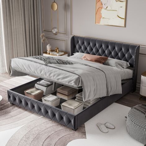 DANS LES NUAGES Doppelbett 140x200 cm, mit hydraulischem Stauraum, Lattenrost, Metallrahmen, Nietenverzierung, gepolstertesbett aus Samt - Grau