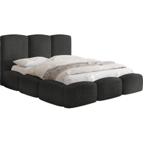 Polsterbett 200x200 mit Bettkasten & Lattenrost – Schwarzes Bett hohem Kopfteil, Boucle oder Samt - Doppelbett mit Stauraum – Bettgestell ohne Matratze – Harmony Schwarz