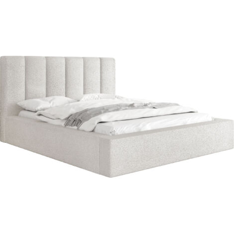 Polsterbett 200x200 mit Bettkasten und Lattenrost – Bett mit hohem Kopfteil, Boucle oder Samt Stoff Weiß, Ecru – Modernes Doppelbett mit Stauraum – Bettgestell, ohne Matratze – Amira – Creme