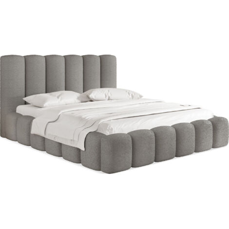 Polsterbett 200x200 mit Bettkasten und Lattenrost – Grau Bett mit hohem Kopfteil, Boucle oder Samt Stoff - Modernes Doppelbett mit Stauraum – Bettgestell, ohne Matratze – Serenity - Grau