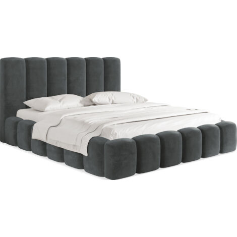 Polsterbett 200x200 mit Bettkasten und Lattenrost – Grau Bett mit hohem Kopfteil, Boucle oder Samt Stoff - Modernes Doppelbett mit Stauraum – Bettgestell, ohne Matratze – Serenity - Grau
