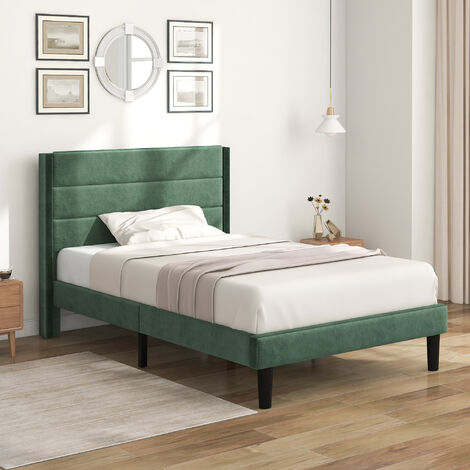 Polsterbett 90 x 200 cm, Bettgestell mit Lattenrost & Kopfteil, gepolstertes Doppelbett, Textilbezug Samt in Dunkelgr¨¹n, Zeitloses modernes Design, Jugendbett