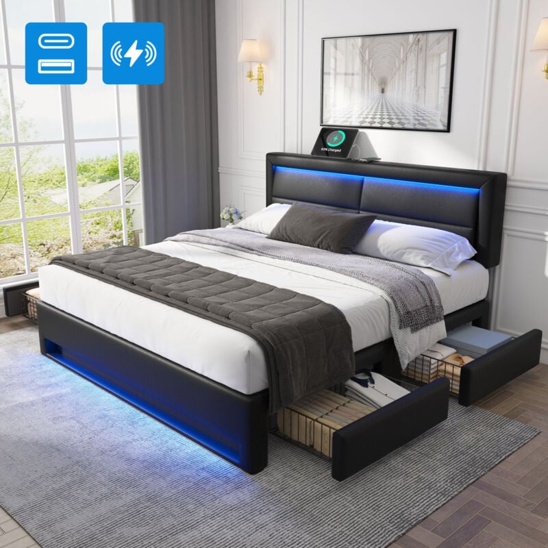 Lit capitonné 140x190 cm lit double avec port usb, éclairage led et quatre tiroirs de rangement, en pu, noir, sans matelas