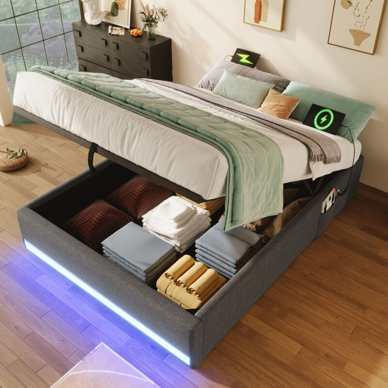Modenvie Polsterbett 90×200 Cm, Einzelbett Mit Bettkasten, Usb, Typ C, Led Mehrfarbig Und Aufbewahrungstaschen, Ohne Matratze, Leinen, Grau